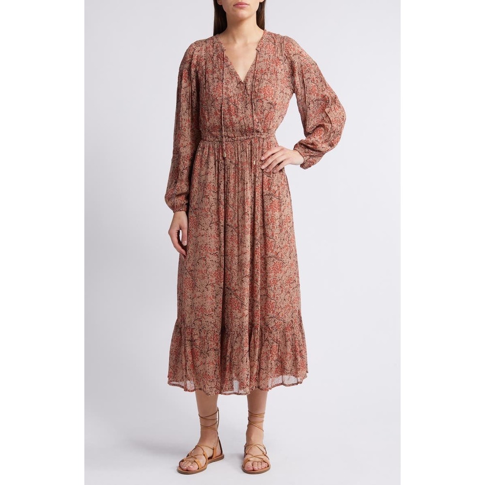 Cleobella Ophelia Floral Long Sleeve Crinkle Chiffon Midi Dress Brown Orange M